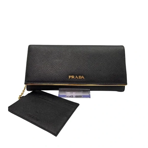 PRADA Black Saffiano Leather Wallet On Chain Flap Card Holder Clutch - Picture 1 of 14